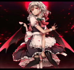 Rule 34 | 2girls, apron, ayatoki-1, back-to-back, bad id, bad pixiv id, bat wings, between fingers, black dress, black legwear, braid, cup, dress, full moon, highres, holding, holster, izayoi sakuya, knife, letterboxed, looking at viewer, maid, maid apron, maid headdress, moon, multiple girls, night, pantyhose, petals, pink dress, puffy sleeves, red eyes, red moon, remilia scarlet, shirt, short sleeves, silver hair, teacup, thigh holster, torn clothes, torn legwear, touhou, twin braids, waist apron, wings, wrist cuffs
