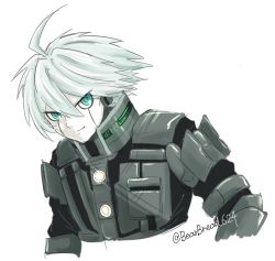 Rule 34 | 1boy, ahoge, android, armor, closed mouth, commentary request, cropped torso, danganronpa (series), danganronpa v3: killing harmony, grey background, grey eyes, grey hair, hair between eyes, k1-b0, kuma pan (bearbread624), looking at viewer, male focus, pale skin, power armor, short hair, simple background, smile, solo, twitter username, upper body