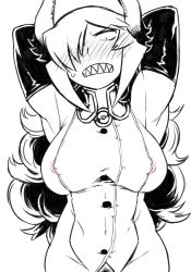 Rule 34 | 1girl, areola slip, armpits, arms behind head, arms up, blush, borrowed character, bottomless, breasts, demon girl, elbow gloves, female pubic hair, gloves, hair over one eye, horns, large breasts, monochrome, nise maou kanizeru, no bra, no panties, original, out-of-frame censoring, partially colored, pubic hair, sharp teeth, simple background, solo, teeth, tsukudani (coke-buta), yuusha to maou