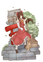 Rule 34 | 1girl, absurdres, alternate hair length, alternate hairstyle, ascot, black footwear, bow, box, breasts, broom, brown hair, bush, detached sleeves, donation box, expressionless, frilled bow, frilled skirt, frills, full body, grass, hair between eyes, hair bow, hakurei reimu, hakurei shrine, hand in own hair, highres, holding, holding broom, light frown, long hair, long skirt, looking at viewer, nagi (xx001122), red eyes, red shirt, red skirt, shirt, shoes, simple background, skirt, small breasts, solo, stone walkway, torii, touhou, very long hair, white background, white legwear, wide sleeves, wind
