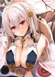 Rule 34 | 1girl, all fours, azur lane, between breasts, black dress, blush, braid, breasts, closed mouth, commentary request, dress, gloves, hair between eyes, hair intakes, hand in own hair, kanzaki kureha, large breasts, looking at viewer, neckwear between breasts, red eyes, revealing clothes, see-through, see-through sleeves, sirius (azur lane), sirius (azure horizons) (azur lane), solo, strap between breasts, thighhighs, white gloves, white hair, white thighhighs, wooden floor