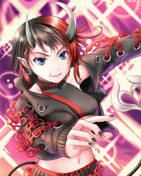 Rule 34 | 1girl, black hair, black jacket, black nails, black pants, black sports bra, blue eyes, breasts, chain, commentary request, cowboy shot, cropped jacket, demon girl, demon horns, demon tail, highres, horns, jacket, large breasts, looking at viewer, midriff, multicolored hair, nail polish, nanashi inc., navel, open clothes, open jacket, open mouth, pants, pointy ears, purple background, red hair, red pants, red sports bra, ryugasaki rene, ryugasaki rene (1st costume), short hair, solo, sparkle, sports bra, sugar lyric, tail, two-tone hair, two-tone pants, underboob, virtual youtuber, yuki shuuka, zipper