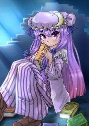 Rule 34 | 1girl, book, bow, crescent, dress, female focus, frown, hair bow, hat, highres, long hair, looking at viewer, magic circle, patchouli knowledge, purple eyes, purple hair, rituki (yumechanlove), robe, sitting, solo, striped clothes, striped dress, touhou, very long hair, wooden floor