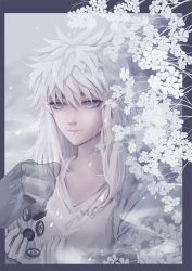 Rule 34 | 1girl, ana bi, border, chess piece, crying, flower, gradient background, grey eyes, highres, hunter x hunter, komugi, komugi (hunter x hunter), long hair, meryem, out of frame, solo, solo focus, tears, upper body, white hair