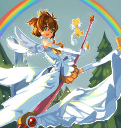 Rule 34 | 1990s (style), 1girl, brown hair, cardcaptor sakura, child, crown, elbow gloves, flying, gloves, green eyes, hikariz, kero (cardcaptor sakura), kinomoto sakura, rainbow, retro artstyle, short hair, staff, thighhighs, tree, white gloves, white thighhighs, wings