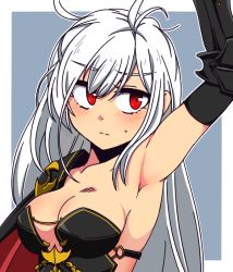 Rule 34 | 1girl, arm up, armor, armpits, black armor, blush, dark templar (dungeon and fighter), dungeon and fighter, female slayer (dungeon and fighter), long hair, red eyes, shoulder armor, solo, sss (komojinos3), turning head, upper body, white hair
