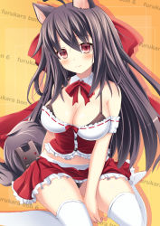 Rule 34 | 1girl, ahoge, animal ear fluff, animal ears, bare shoulders, black bra, black hair, black panties, blush, bow, bra, breasts, closed mouth, collar, commentary request, detached collar, frilled shirt collar, frilled skirt, frills, hair between eyes, hair bow, head tilt, highres, long hair, looking at viewer, medium breasts, no shoes, original, panties, red bow, red eyes, red skirt, skirt, smile, solo, strapless, tail, thighhighs, underwear, usaginezumi, very long hair, white collar, white thighhighs, wing collar