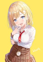Rule 34 | 1girl, :d, arm under breasts, artist name, blonde hair, blue eyes, blush, breasts, brown skirt, collared shirt, commentary, dress shirt, eyebrows hidden by hair, hair ornament, hand up, highres, hitsukuya, hololive, hololive english, looking at viewer, medium breasts, nail polish, necktie, open mouth, pink nails, plaid, plaid skirt, pleated skirt, pocket watch, red necktie, romaji commentary, shirt, short necktie, signature, simple background, skirt, smile, solo, teeth, upper teeth only, virtual youtuber, watch, watson amelia, watson amelia (1st costume), white shirt, yellow background