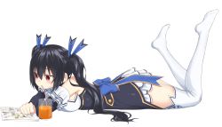 Rule 34 | 10s, 1girl, bare shoulders, black hair, cup, drinking straw, feet, highres, juice, long hair, lying, neptune (series), noire (neptunia), oekakizuki, on stomach, orange juice, reading, red eyes, ribbon, solo, thighhighs, twintails, very long hair, white thighhighs