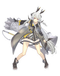 Rule 34 | 1girl, absurdres, all fine, arknights, cannon, collarbone, detached sleeves, full body, gluteal fold, grey hair, hair ornament, highres, jacket, leaning forward, long hair, low-tied long hair, red eyes, see-through, shoes, simple background, solo, standing, weedy (arknights), white background, x hair ornament