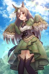 Rule 34 | 1girl, :d, animal ears, ascot, black thighhighs, blush, braid, brown ascot, brown eyes, brown hair, commentary request, day, frilled sleeves, frills, green skirt, hair between eyes, half updo, highres, horse ears, horse girl, kirifrog, long hair, long sleeves, looking at viewer, open mouth, outdoors, satono diamond (umamusume), shirt, skirt, sky, sleeves past fingers, sleeves past wrists, smile, solo, thighhighs, umamusume, very long hair, white shirt