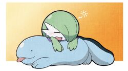 Rule 34 | blue skin, closed eyes, colored skin, creatures (company), envi55109095, game freak, gardevoir, gen 2 pokemon, gen 3 pokemon, green hair, highres, lying on person, nintendo, on floor, open mouth, orange background, pokemon, pokemon (creature), quagsire, simple background, smile, solid circle eyes, tongue, tongue out, white skin