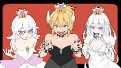 Rule 34 | 3girls, bangle, bare shoulders, black dress, black nails, blooper (mario), blue eyes, bowsette, bracelet, breasts, brooch, choker, claw pose, cleavage, collar, commentary request, dress, earrings, elbow gloves, expressionless, ghost pose, gloves, hair between eyes, half-closed eyes, highres, horns, jewelry, kemuri haku, large breasts, lavender tongue, long hair, looking at viewer, luigi&#039;s mansion, mario (series), medium breasts, multiple girls, nail polish, new super mario bros. u deluxe, nintendo, pink eyes, ponytail, princess king boo, puffy short sleeves, puffy sleeves, purple eyes, sharp teeth, shiny skin, short hair, short sleeves, sidelocks, silver hair, small breasts, smile, spiked bracelet, spiked collar, spikes, strapless, strapless dress, super crown, tareme, teeth, tongue, tongue out, tsurime, very long hair, white choker, white dress, white gloves