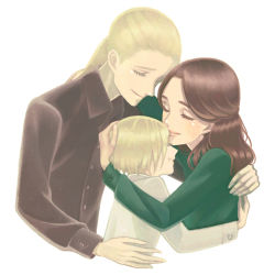 Rule 34 | 1girl, 2boys, aged up, astoria greengrass, blonde hair, brown hair, closed eyes, draco malfoy, father and son, harry potter (series), harry potter and the cursed child, highres, hug, long hair, mother and son, multiple boys, ponytail, scorpius malfoy, short hair, smile, wizarding world