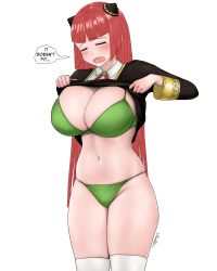 Rule 34 | 1girl, absurdres, aki-chan (dismaiden), anya (spy x family), anya (spy x family) (cosplay), bra, breasts, cleavage, closed eyes, cosplay, dismaiden, eden academy school uniform, english text, green bra, green panties, hairpods, highres, large breasts, long hair, navel, original, panties, red hair, school uniform, signature, solo, spy x family, thighhighs, undersized clothes, underwear