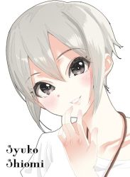 Rule 34 | 1girl, blush, character name, collarbone, ginnote, grey hair, hand up, idolmaster, idolmaster cinderella girls, jewelry, looking at viewer, necklace, open mouth, shiomi syuko, shirt, short hair, simple background, smile, solo, teeth, tsurime, upper body, white background, white shirt