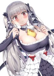 Rule 34 | 1girl, absurdres, azur lane, bare shoulders, between breasts, bird, black dress, blush, breasts, chick, cleavage, commentary request, dress, earrings, formidable (azur lane), frilled dress, frills, grey hair, hair ribbon, hands up, highres, jewelry, large breasts, long hair, long sleeves, looking at viewer, manjuu (azur lane), nedia (nedia region), red eyes, ribbon, simple background, smile, solo, twintails, two-tone dress, two-tone ribbon, very long hair, white background