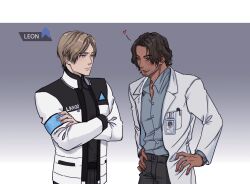 Rule 34 | 2boys, android, beard, brown hair, bugouyanxiao, character name, closed mouth, commentary, crossed arms, dark-skinned male, dark skin, detroit: become human, english commentary, expressionless, facial hair, hand on own hip, heart, highres, id card, lab coat, leon s. kennedy, light brown hair, long sleeves, looking at another, luis sera, male focus, multiple boys, pants, parted bangs, resident evil, resident evil 4, resident evil 4 (remake), short hair, smile, upper body, yaoi
