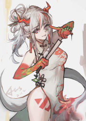 Rule 34 | 1girl, absurdres, arknights, arm tattoo, asa achen, bead bracelet, beads, bracelet, china dress, chinese clothes, colored skin, cowboy shot, dragon girl, dragon horns, dragon tail, dress, ear piercing, flame-tipped tail, folded fan, folded ponytail, folding fan, groin, hair between eyes, hand fan, hand up, highres, holding, holding fan, horns, jewelry, leg tattoo, looking at viewer, nian (arknights), nian (unfettered freedom) (arknights), no panties, official alternate costume, piercing, pink eyes, pointy ears, red hair, red skin, simple background, sleeveless, sleeveless dress, solo, tail, tattoo, thighs, white background, white dress, white hair