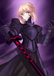 Rule 34 | 1girl, armor, artoria pendragon (fate), blonde hair, braid, excalibur (fate/stay night), fate/grand order, fate/stay night, fate (series), highres, looking at viewer, metal gloves, minamina, saber (fate), saber alter, solo, sword, weapon, yellow eyes