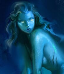 Rule 34 | 1girl, bare shoulders, blue background, blue skin, blue theme, breasts, closed mouth, colored skin, commentary, english commentary, faux traditional media, floating hair, gills, glowing, glowing eyes, highres, leaning forward, lips, long hair, looking at viewer, looking to the side, medium breasts, mermaid, monster girl, nose, nude, original, sideboob, solo, turning head, upper body, wavy hair, yellow eyes, yuming li