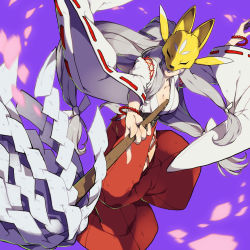 Rule 34 | 1girl, akeru, animal ears, belt, breasts, cleavage, clothing cutout, collarbone, commentary request, digimon, digimon (creature), facial mark, fox ears, fox mask, gohei, grey hair, hakama, hakama skirt, highres, hip vent, holding, japanese clothes, kimono, large breasts, lipstick, long hair, low twintails, makeup, mask, miko, petals, purple background, purple lips, red hakama, sakuyamon, shide, shoulder cutout, simple background, skirt, solo, twintails, very long hair, white kimono, wide sleeves