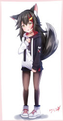 Rule 34 | 1girl, absurdres, animal ear fluff, animal ears, black hair, black pantyhose, black sweater, blush, boppin, choker, full body, hair between eyes, hair ornament, highres, hololive, long hair, looking at viewer, ookami mio, ookami mio (casual), pantyhose, parted lips, shoes, signature, simple background, solo, sweater, tail, tail raised, thighs, virtual youtuber, white background, white footwear, white sweater, yellow eyes