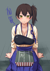 Rule 34 | 10s, 1girl, bad id, blush, breasts, brown hair, cleavage, female focus, highres, japanese clothes, kaga (kancolle), kantai collection, large breasts, long hair, looking back, muneate, shoumaru (gadget box), side ponytail, solo, sweat, text focus, translated, yellow eyes