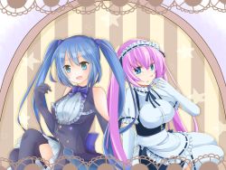 Rule 34 | 2girls, bad id, bad pixiv id, blue hair, bow, bowtie, collaboration, dress, elbow gloves, frills, gloves, green eyes, hatsune miku, hayagiri, highres, long hair, maid, maid headdress, megurine luka, multiple girls, open mouth, pink hair, ponko, sitting, star (symbol), striped, striped background, thighhighs, twintails, vertical stripes, very long hair, vocaloid