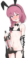 alcohol bikini black_ribbon blush bocchi_the_rock! bottle breasts collar halulu highres hiroi_kikuri jacket jacket_partially_removed micro_bikini navel one_eye_closed purple_eyes purple_hair rabbit_ears ribbon ribs sake_bottle sharp_teeth side-tie_bikini_bottom small_breasts smile swimsuit teeth visible_ribs wink