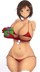 Rule 34 | 1girl, absurdres, alternate costume, bikini, blush, boots, box, breast press, breasts, brown hair, candy, candy cane, challengia, christmas, christmas ornaments, collarbone, dark-skinned female, dark skin, elbow gloves, food, gift, gift box, gloves, green eyes, hair ornament, hairclip, highres, holding, holding gift, honchan, large breasts, looking at viewer, mistynight, navel, nchans, nchans style, open mouth, red bikini, red gloves, santa bikini, santa boots, santa costume, santa gloves, short hair, solo, swimsuit, teeth, winter clothes