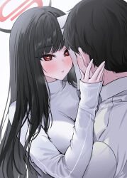 Rule 34 | 1boy, 1girl, absurdres, black hair, blue archive, blunt bangs, blush, breasts, bright pupils, eye contact, face-to-face, hair ornament, hairclip, halo, hand on another&#039;s face, hetero, highres, imminent kiss, large breasts, long hair, long sleeves, looking at another, open mouth, red eyes, rio (blue archive), sweater, turtleneck, turtleneck sweater, very long hair, white sweater, yuki (asayuki101)
