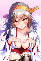 Rule 34 | 1girl, absurdres, black legwear, blush, boots, breast suppress, breasts, brown eyes, cleavage, collarbone, commentary request, detached sleeves, floral background, grey hair, hair ornament, hairband, hairclip, hands on own chest, haruna (kancolle), headgear, highres, japanese clothes, jewelry, kantai collection, large breasts, long hair, looking at viewer, nontraditional miko, red skirt, ribbon-trimmed sleeves, ribbon trim, ring, skirt, smile, solo, tsukui kachou, wedding band, wide sleeves