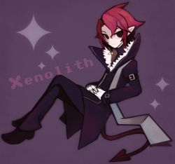 Rule 34 | 1boy, character name, coat, disgaea, disgaea d2, full body, gloves, kazamine (stecca), crossed legs, male focus, pants, pointy ears, purple background, red eyes, red hair, scarf, shoes, solo, tail, xenolith