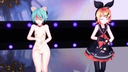 Rule 34 | 2girls, 3d, anal tail, animal ears, animated, animated gif, aqua hair, black dress, black gloves, black legwear, blonde hair, bow, breasts, bullying, butt plug, cat ears, cat tail, clenched teeth, clothed female nude female, collar, dancing, dress, exhibitionism, fake tail, female focus, fingerless gloves, gloves, hair bow, hair ornament, hairclip, hatsune miku, headset, humiliation, kagamine rin, mikumikudance (medium), multiple girls, nipples, nude, pleated skirt, public indecency, pussy, red collar, red footwear, skirt, small breasts, stage, standing, tail, teeth, thighhighs, vocaloid, yuri