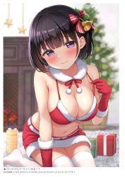 Rule 34 | 1girl, absurdres, armpit crease, bare shoulders, bell, belt, bikini, bikini top only, black hair, blurry, blush, bow, box, breasts, christmas, christmas tree, cleavage, depth of field, detached collar, fireplace, fur-trimmed skirt, fur trim, gift, gift box, gloves, hair bell, hair bow, hair ornament, halterneck, hand up, head tilt, highres, holly, holly hair ornament, inoue yurina, karutamo, large breasts, looking at viewer, miniskirt, navel, no shoes, original, pom pom (clothes), purple eyes, red bikini, red gloves, red skirt, revealing clothes, santa bikini, santa costume, short hair, sitting, skirt, smile, solo, star (symbol), stomach, strap pull, string bikini, swimsuit, thighhighs, thighs, white thighhighs, zettai ryouiki