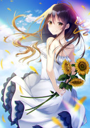 Rule 34 | 1girl, antenna hair, arms behind back, bare shoulders, blue sky, brown eyes, brown hair, day, dress, flower, hair ribbon, holding, holding flower, kusada souta, looking at viewer, looking back, original, ribbon, sky, sleeveless, sleeveless dress, smile, solo, sunflower, white dress, yellow ribbon