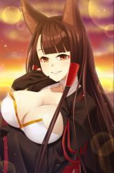Rule 34 | 1girl, akagi (azur lane), animal ears, azur lane, black kimono, breasts, brown hair, cleavage, collarbone, eyeliner, eyeshadow, finger to mouth, fox ears, fox girl, highres, japanese clothes, kagiyama (clave), kimono, kitsune, large breasts, long hair, looking at viewer, makeup, pinky out, pinky to mouth, red eyes, smile, solo, upper body, very long hair