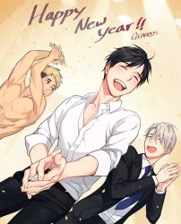 Rule 34 | 10s, 3boys, ^ ^, artist name, black hair, blonde hair, christophe giacometti, confetti, dutch angle, closed eyes, facial hair, formal, gearous, happy new year, katsuki yuuri, male focus, multicolored hair, multiple boys, necktie, new year, open mouth, topless male, silver hair, smile, suit, two-tone hair, viktor nikiforov, yuri!!! on ice