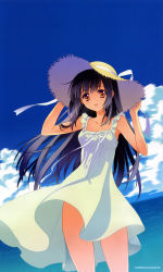Rule 34 | 1girl, absurdres, black hair, blue sky, breasts, brown eyes, carnelian, cleavage, clothes lift, cloud, dated, day, dress, dress lift, hat, highres, long hair, looking at viewer, scan, skirt, sky, small breasts, smile, solo, sun hat, sundress, water, white dress, white skirt
