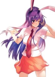 Rule 34 | 1girl, ;), animal ears, asuzemu, blurry, blush, breasts, commentary, cowboy shot, depth of field, hair between eyes, hands up, long hair, medium breasts, miniskirt, necktie, one eye closed, pink skirt, purple hair, rabbit ears, red eyes, red necktie, reisen udongein inaba, shirt, short sleeves, simple background, skirt, smile, solo, standing, thighs, touhou, very long hair, white background, white shirt, wing collar