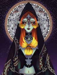 Rule 34 | black skin, blue skin, colored sclera, colored skin, front ponytail, grey skin, highres, jewelry, long hair, makeup, midna, midna (true), multicolored skin, nintendo, orange hair, pointy ears, purple lips, solo, the legend of zelda, the legend of zelda: twilight princess, tillifish, two-tone skin, upper body, yellow sclera