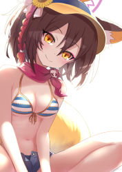 Rule 34 | 1girl, animal ears, bikini, blue archive, breasts, brown hair, cleavage, commentary request, eyeshadow, fox ears, fox girl, fox tail, hair between eyes, hair ornament, halo, indian style, izuna (blue archive), krono tokage, long hair, looking at viewer, makeup, medium breasts, navel, official alternate costume, red scarf, scarf, short shorts, shorts, sidelocks, simple background, sitting, sleeveless, smile, solo, stomach, striped bikini, striped clothes, swimsuit, tail, visor cap, white background, yellow eyes