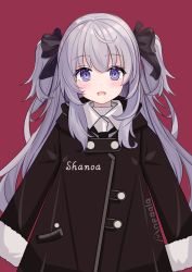 Rule 34 | 1girl, absurdres, artist name, blush, coat, english text, hair ornament, highres, indie virtual youtuber, long hair, looking at viewer, moegala, open mouth, purple eyes, purple hair, red background, shanoa (vtuber), simple background, smile, solo, twintails, virtual youtuber