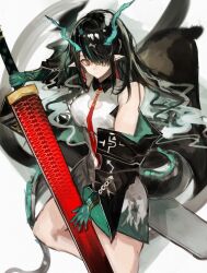 1girl absurdres arknights black_hair colored_extremities colored_skin dragon_girl dragon_horns dragon_tail dusk_(arknights) earrings eastern_dragon_tail emiya_negi gradient_skin green_hands green_horns green_skin highres holding holding_sword holding_weapon horns jewelry pointy_ears red_eyes solo sword tail tassel tassel_earrings weapon