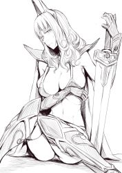 Rule 34 | 1girl, armor, bikini armor, blush, breasts, carmilla (fate), closed mouth, cosplay, covering privates, covering breasts, elizabeth bathory (brave) (fate), elizabeth bathory (brave) (fate) (cosplay), elizabeth bathory (fate), embarrassed, fate/grand order, fate (series), feet out of frame, gauntlets, greyscale, highres, horns, knees together feet apart, large breasts, long hair, looking at viewer, monochrome, nakamura regura, pauldrons, planted, planted sword, planted weapon, shoulder armor, simple background, solo, sword, weapon, white background