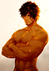 Rule 34 | 1boy, bara, black hair, chest hair, clive rosfield, closed mouth, completely nude, crossed arms, facial hair, facial mark, final fantasy, final fantasy xvi, large pectorals, male focus, male pubic hair, muscular, muscular male, navel, nipples, nude, pectorals, pubic hair, rumlockerart, short hair, solo, upper body