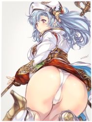Rule 34 | 10s, 1girl, ass, blue eyes, blurry, blush, boots, depth of field, dutch angle, from behind, granblue fantasy, hat, high heels, kneeling, long hair, looking at viewer, looking back, min-naraken, original, panties, partially visible vulva, red eyes, simple background, solo, sophia (granblue fantasy), staff, twintails, underwear, white background, white panties