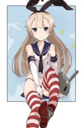 Rule 34 | 10s, 1girl, akiha (attract), bad id, bad pixiv id, black panties, blonde hair, border, elbow gloves, gloves, kantai collection, kskasutera, long hair, looking at viewer, map, outside border, panties, pout, rensouhou-chan, shimakaze (kancolle), sitting, skirt, solo, striped clothes, striped thighhighs, thighhighs, underwear, unworn skirt