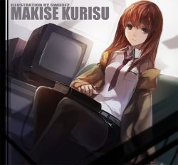 Rule 34 | 1girl, artist name, bad id, bad pixiv id, blouse, blue eyes, book, character name, crt, dutch angle, jacket, long hair, makise kurisu, monitor, necktie, pantyhose, red hair, red necktie, shirt, sitting, solo, steins;gate, swd3e2, white shirt